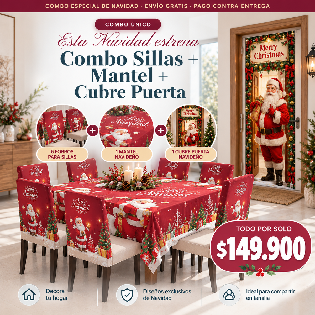 Combo Navideño Sillas + Mantel + Cubre Puerta 🎄🎅🏼🎁🚪